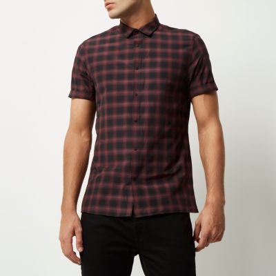Dark red check slim fit shirt